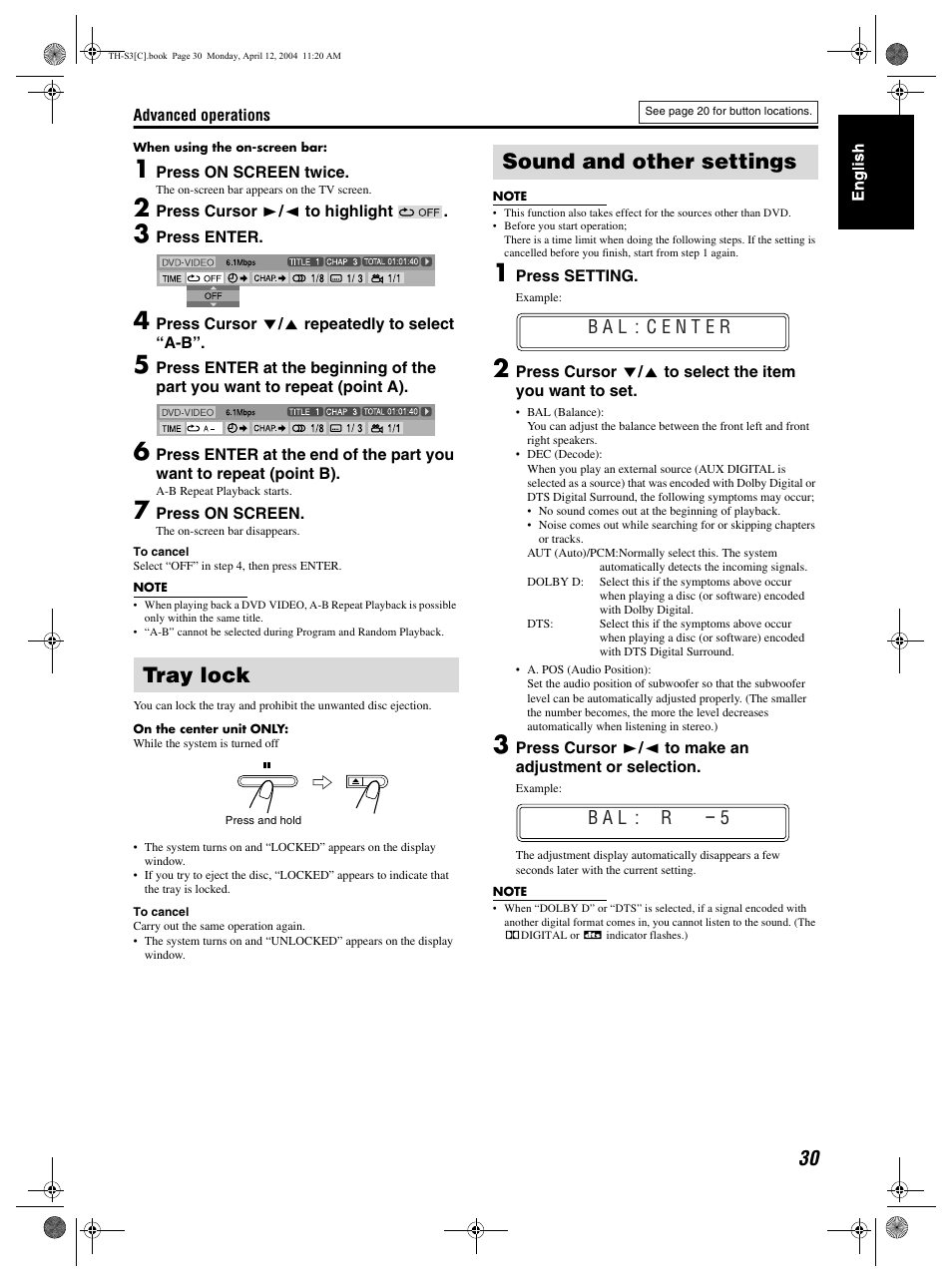 Tray lock, Sound and other settings | JVC TH-S3 TH-S2 User Manual | Page 33 / 44