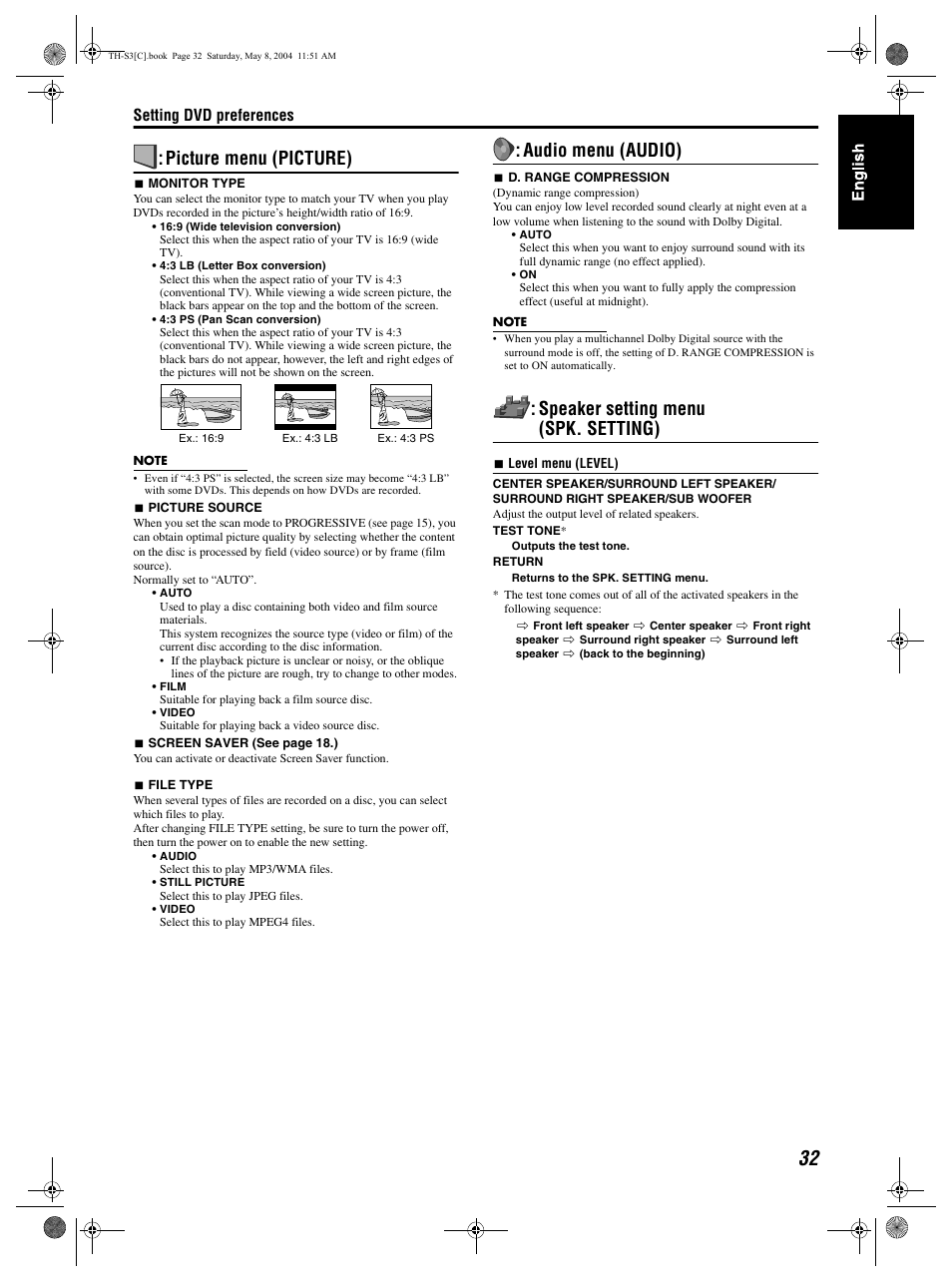 Picture menu (picture), Audio menu (audio), Speaker setting menu (spk. setting) | Setting dvd preferences | JVC TH-S3 TH-S2 User Manual | Page 35 / 44