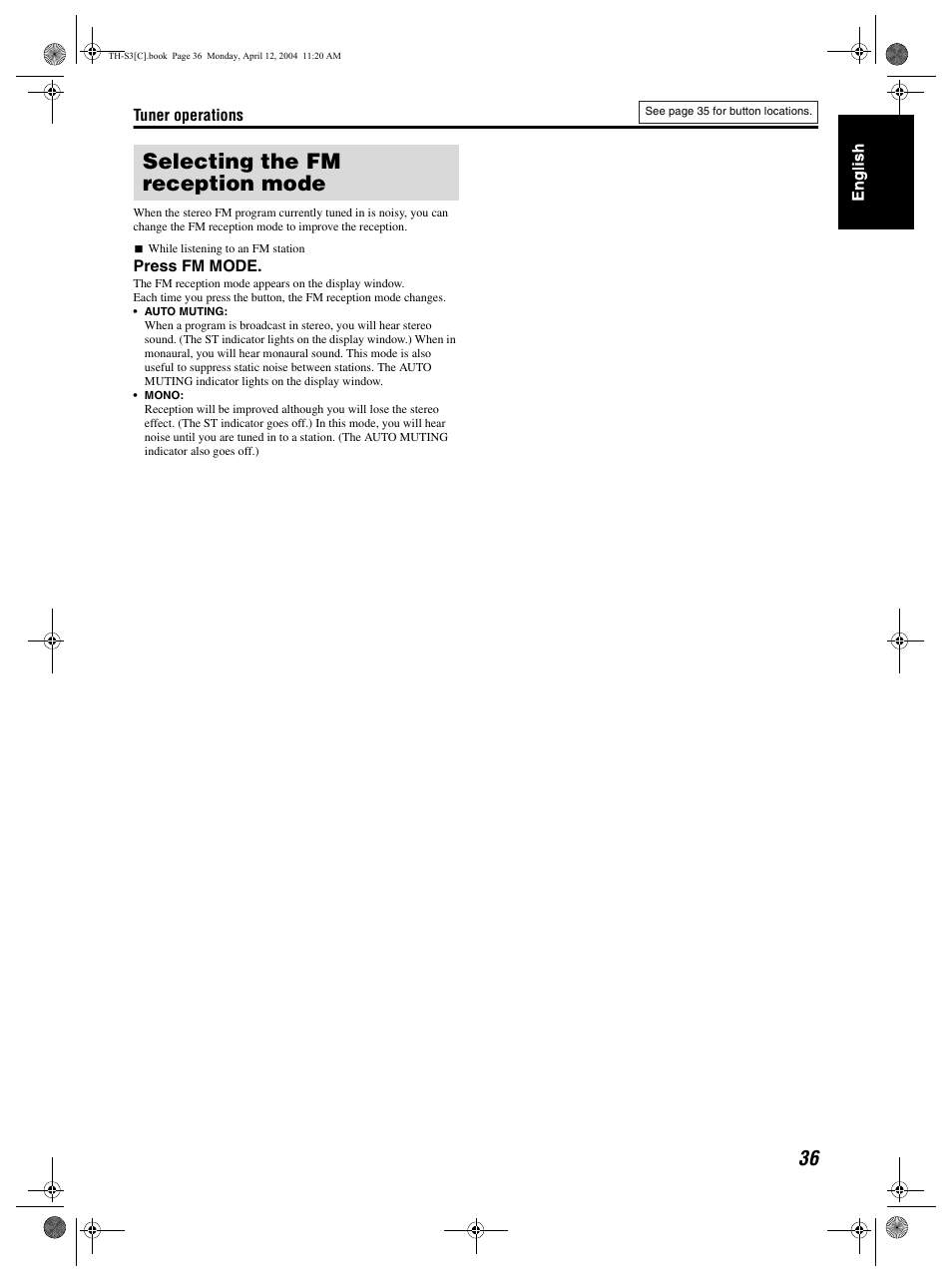 Selecting the fm reception mode | JVC TH-S3 TH-S2 User Manual | Page 39 / 44