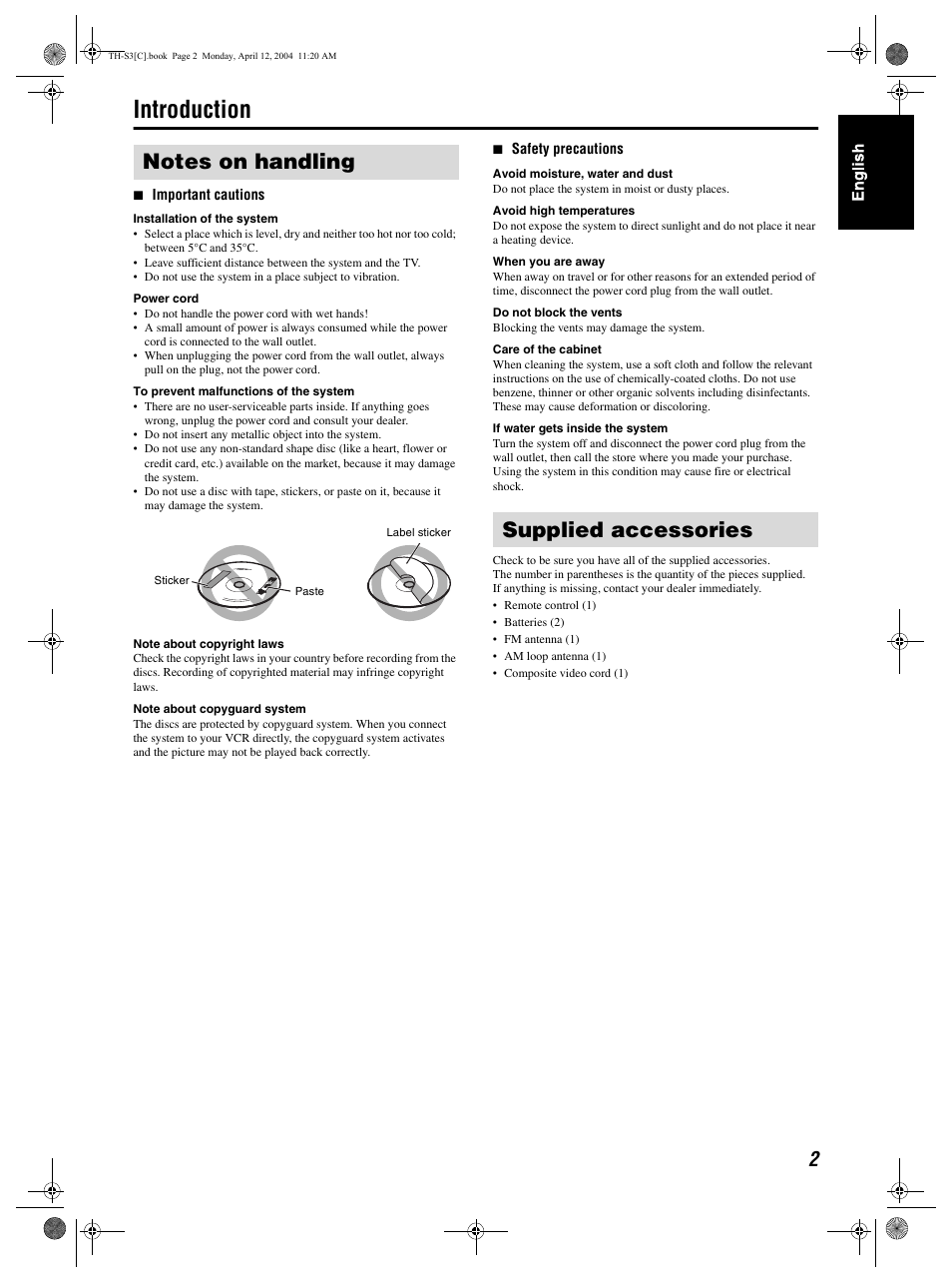 Introduction, Supplied accessories | JVC TH-S3 TH-S2 User Manual | Page 5 / 44