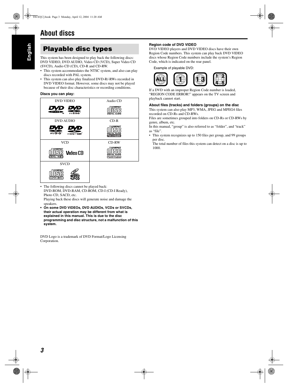 About discs, Playable disc types | JVC TH-S3 TH-S2 User Manual | Page 6 / 44