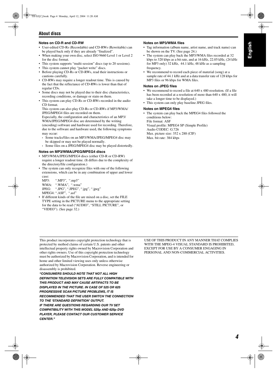 About discs | JVC TH-S3 TH-S2 User Manual | Page 7 / 44