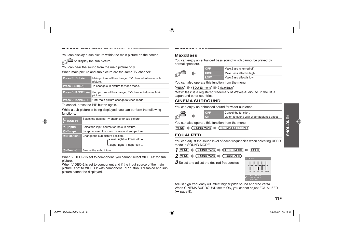 Picture in picture (pip) operation, Sound setting | JVC AV-29Q317B User Manual | Page 11 / 20