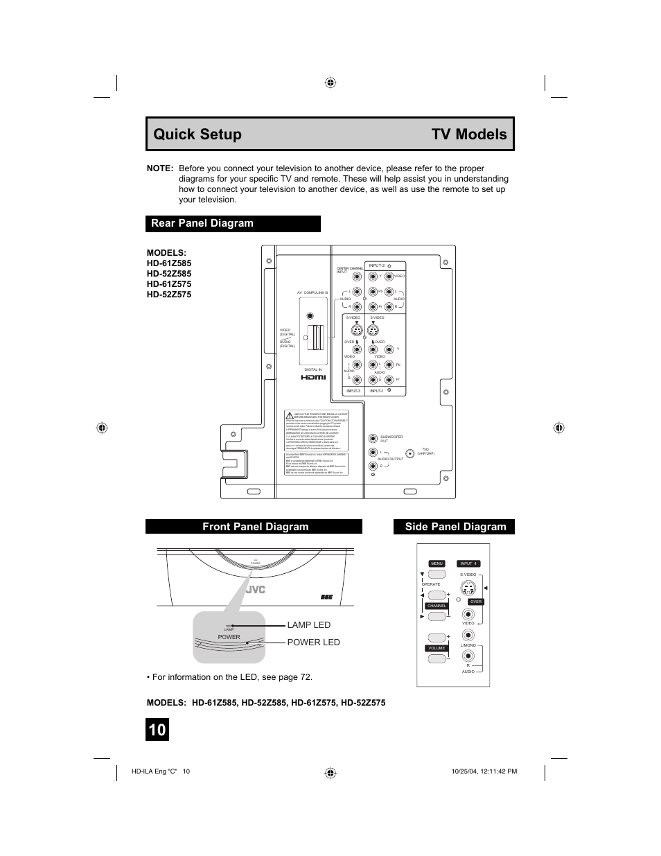 Quick setup tv models, Rear panel diagram side panel diagram, Front panel diagram | JVC HD-52Z585 User Manual | Page 10 / 80