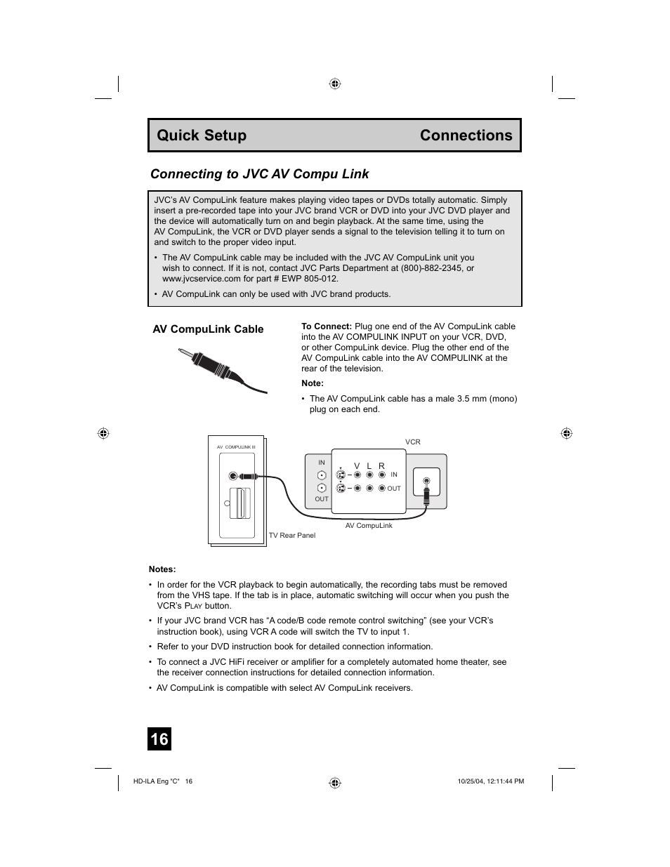 Quick setup connections, Connecting to jvc av compu link | JVC HD-52Z585 User Manual | Page 16 / 80