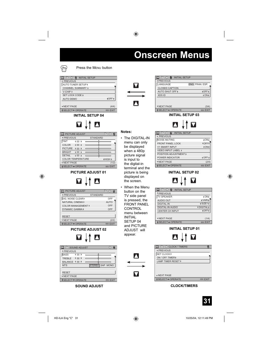 Onscreen menus, Press the m, Button | Clock/timers, Initial setup 03 initial setup 02, Initial setup 01 | JVC HD-52Z585 User Manual | Page 31 / 80