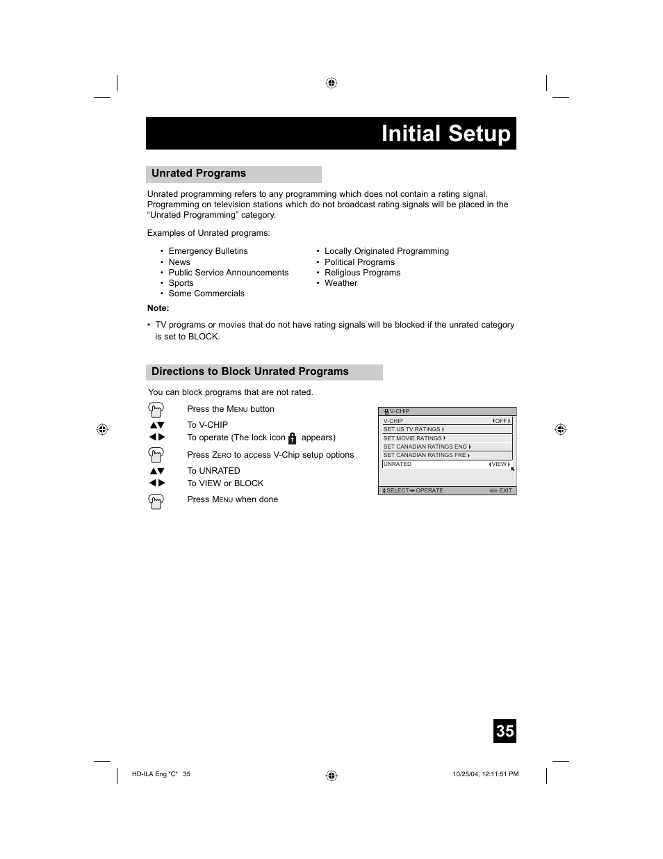 Initial setup, Directions to block unrated programs, Unrated programs | JVC HD-52Z585 User Manual | Page 35 / 80