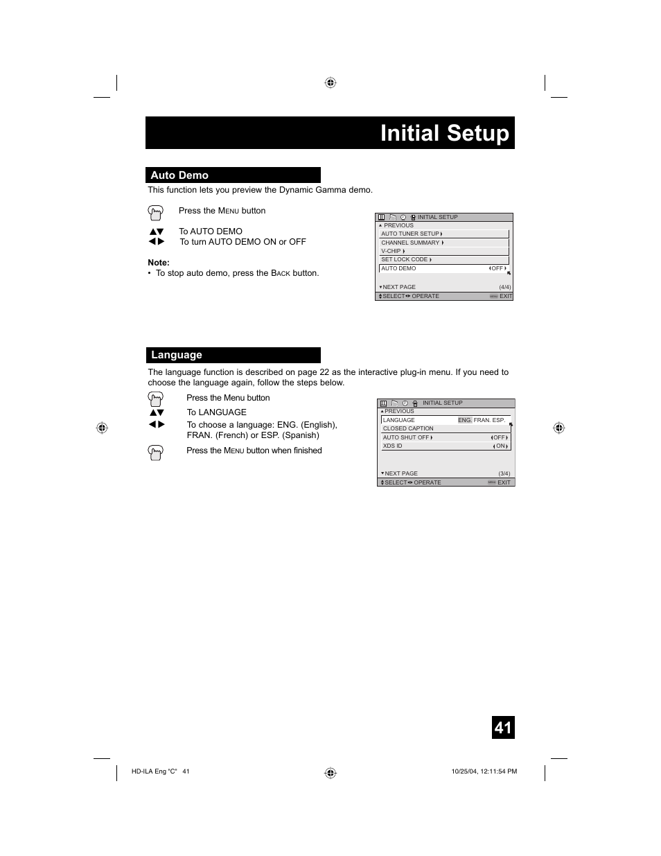 Initial setup, Language, Auto demo | JVC HD-52Z585 User Manual | Page 41 / 80