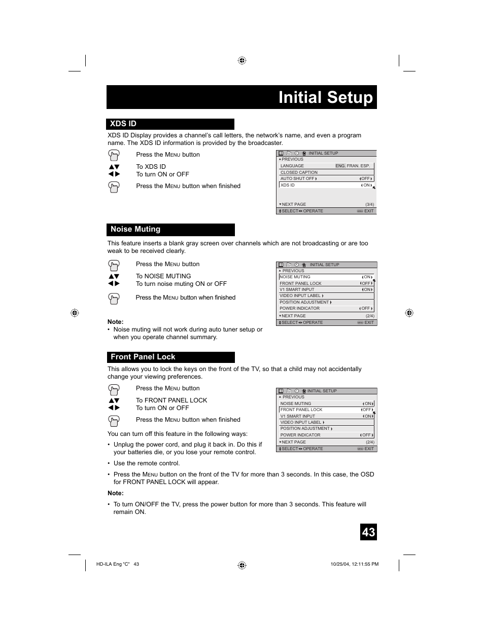 Initial setup, Xds id, Noise muting | Front panel lock | JVC HD-52Z585 User Manual | Page 43 / 80