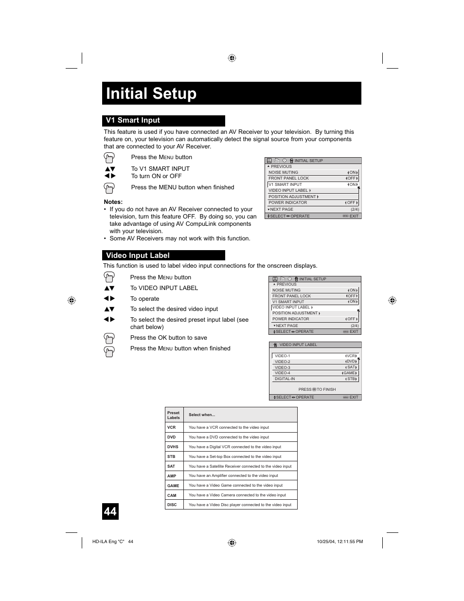 Initial setup, V1 smart input, Video input label | JVC HD-52Z585 User Manual | Page 44 / 80