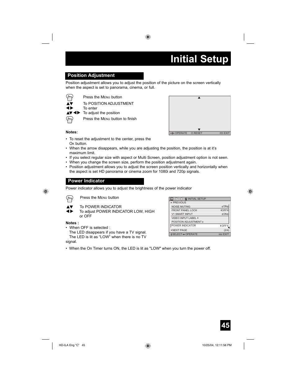 Initial setup, Position adjustment, Power indicator | JVC HD-52Z585 User Manual | Page 45 / 80