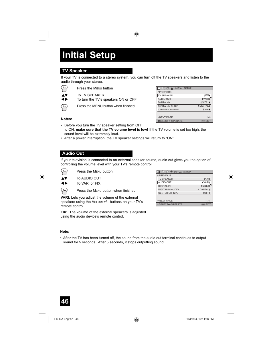 Initial setup, Tv speaker, Audio out | JVC HD-52Z585 User Manual | Page 46 / 80