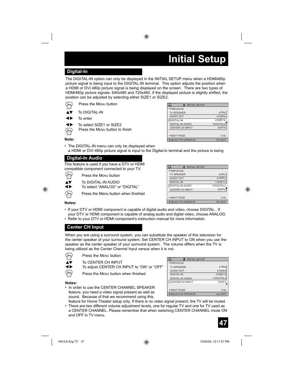 Initial setup, Center ch input, Digital-in | Digital-in audio | JVC HD-52Z585 User Manual | Page 47 / 80