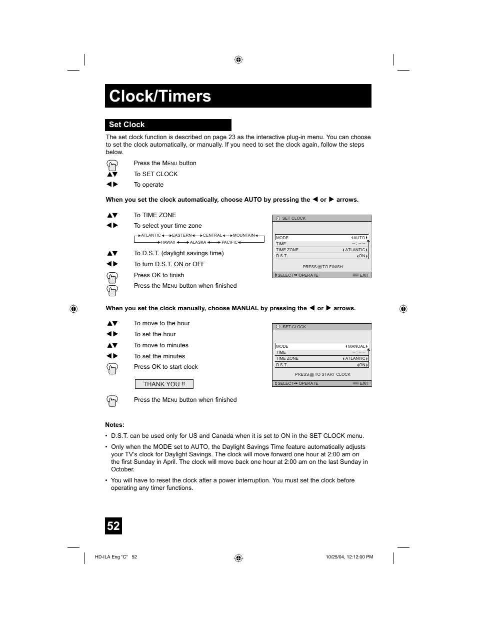 Clock/timers, Set clock | JVC HD-52Z585 User Manual | Page 52 / 80