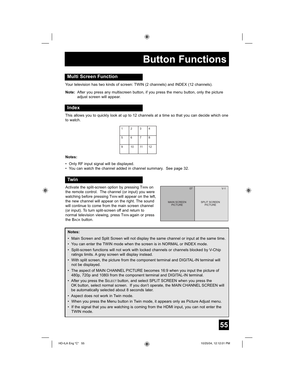 Button functions, Multi screen function, Index | Twin | JVC HD-52Z585 User Manual | Page 55 / 80