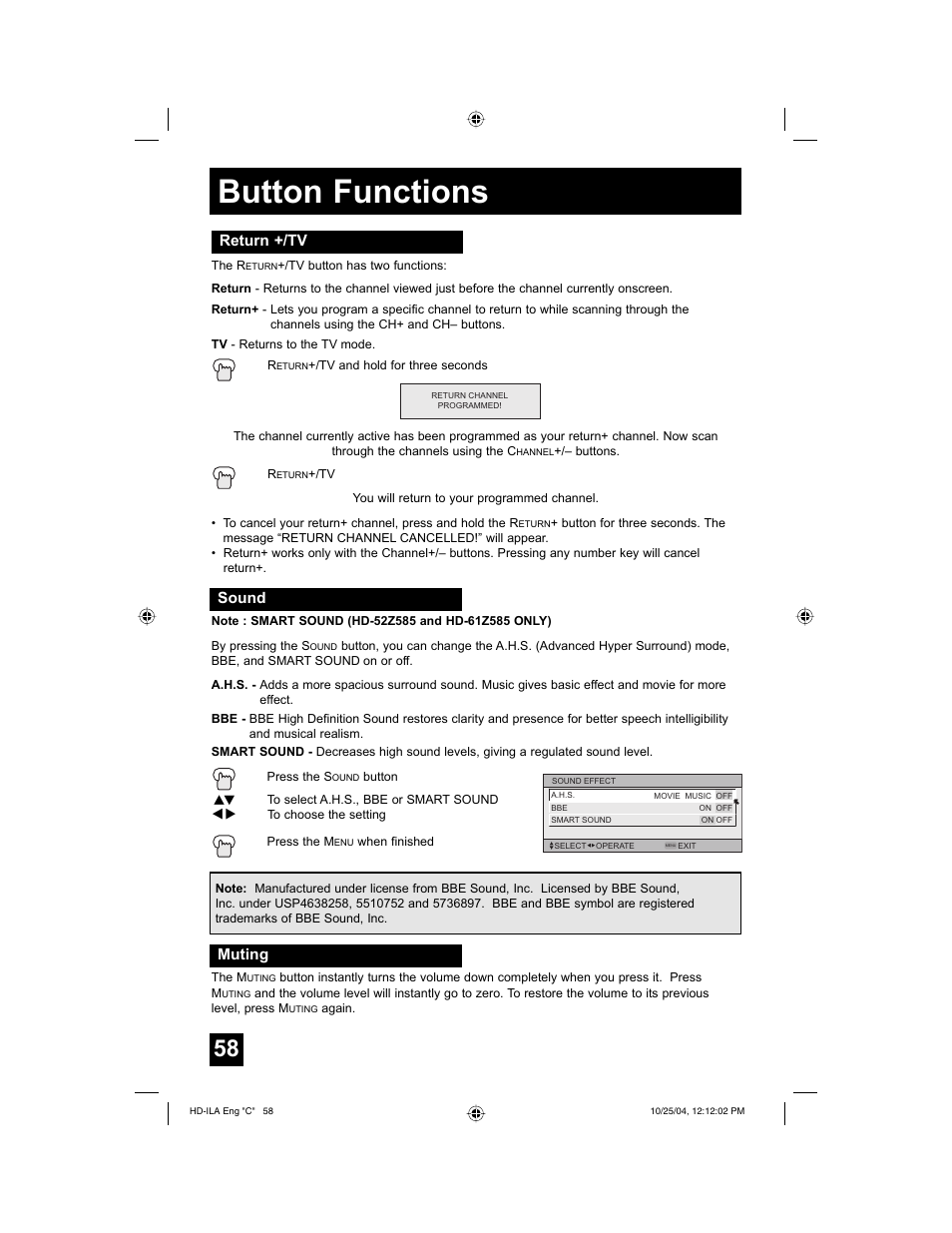 Button functions, Return +/tv, Sound | Muting | JVC HD-52Z585 User Manual | Page 58 / 80