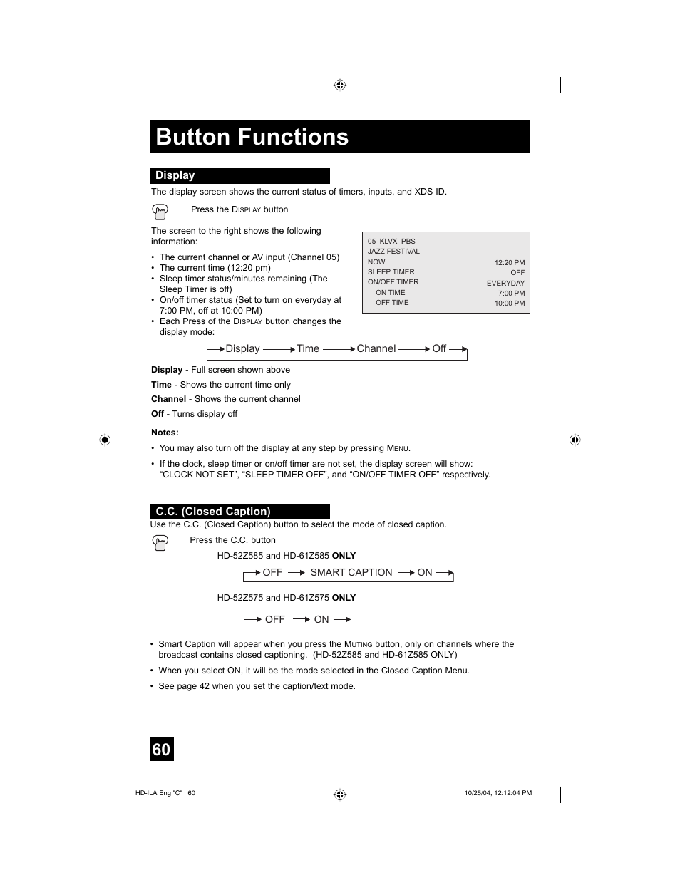 Button functions | JVC HD-52Z585 User Manual | Page 60 / 80