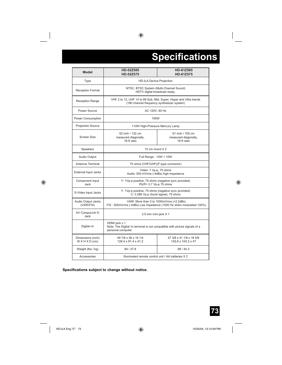 Specifications | JVC HD-52Z585 User Manual | Page 73 / 80