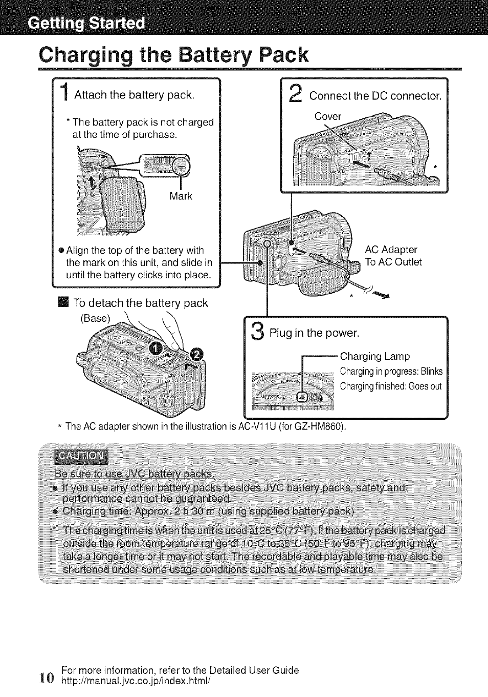 Charging the battery pack, Getting started | JVC GZ-HM960U User Manual | Page 10 / 40