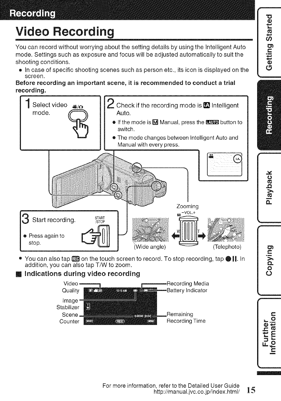 Video recording, Indications during video recording, Recording | JVC GZ-HM960U User Manual | Page 15 / 40