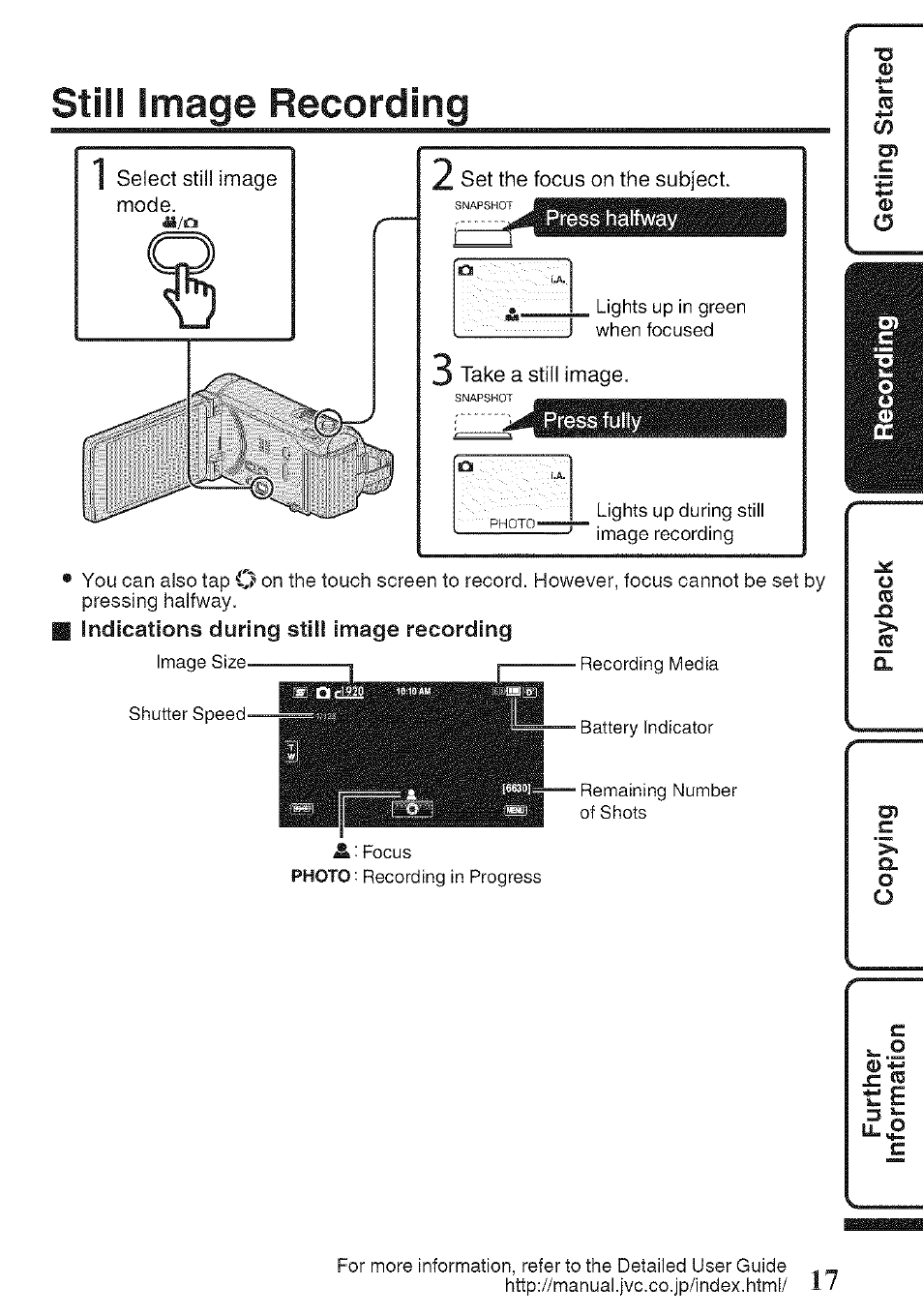 Still image recording, Indications during still image recording, Still | Image recording, R e ¿ o c | JVC GZ-HM960U User Manual | Page 17 / 40