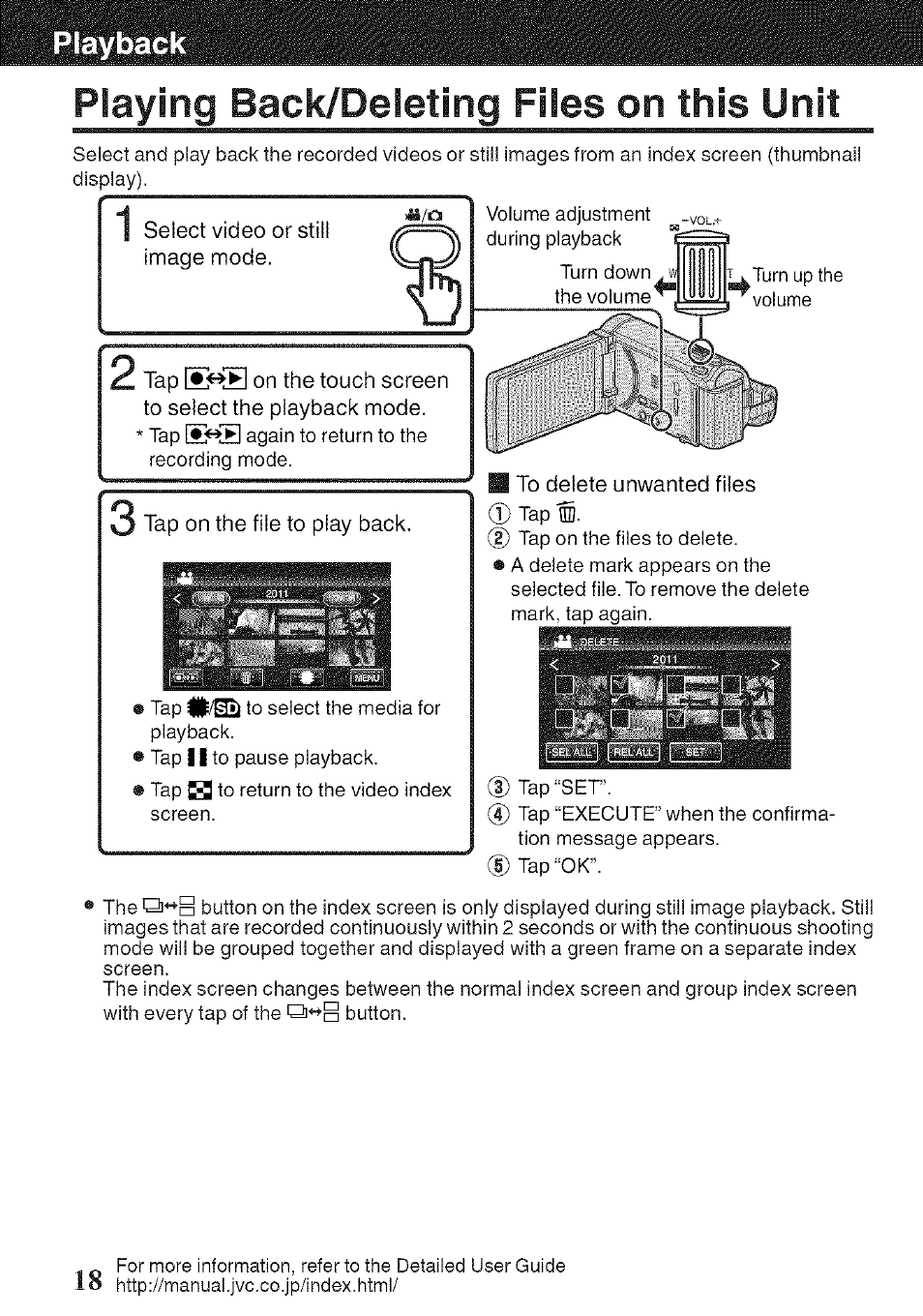 Playing back/peieting files on this unit, Playback | JVC GZ-HM960U User Manual | Page 18 / 40