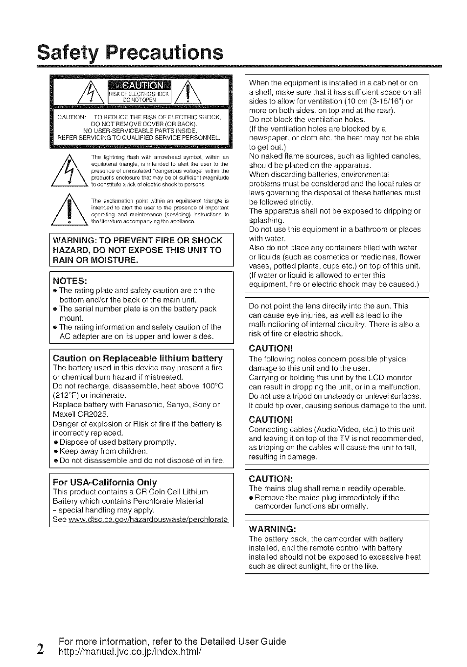 Safety precautions, Caution, Caution on replaceable lithium battery | For usa-california only, Warning | JVC GZ-HM960U User Manual | Page 2 / 40