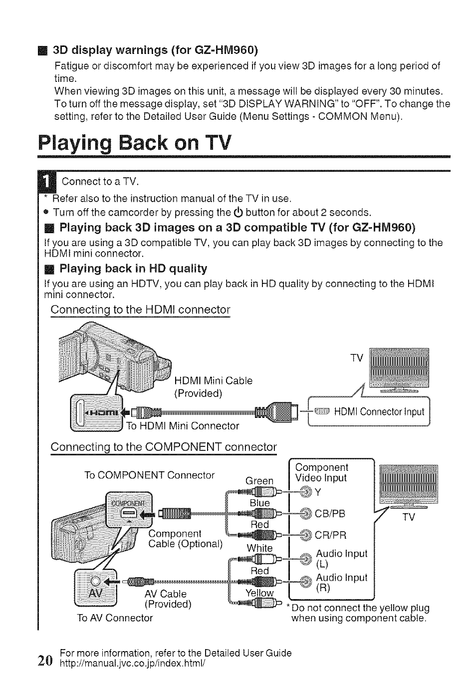 3d display warnings (for gz-hm960), Playing back in hd quality, Hc is | Playing back on tv, Connecting to the hdmi connector, Connecting to the component connector | JVC GZ-HM960U User Manual | Page 20 / 40