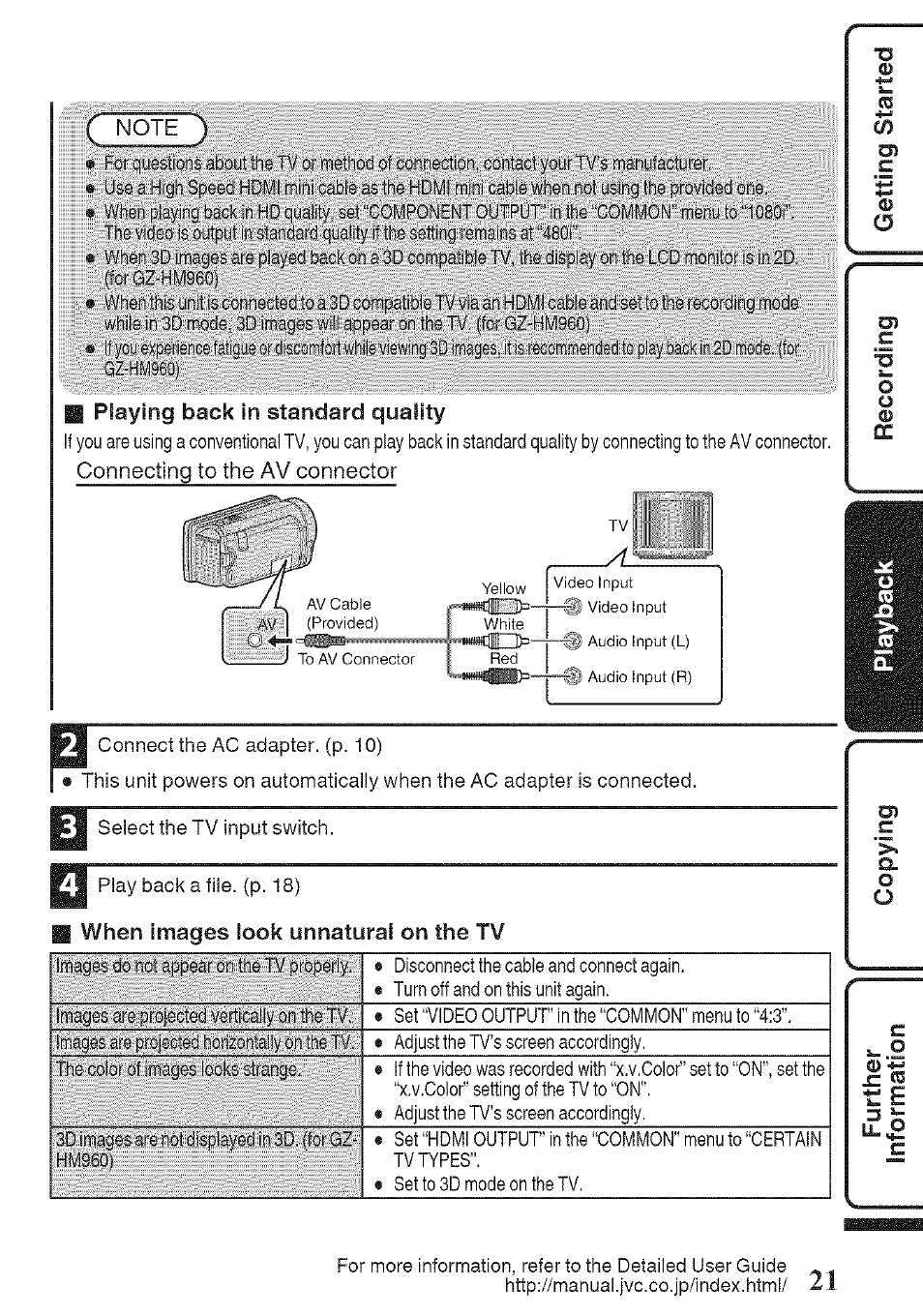Playing back in standard quality, When images look unnatural on the tv | JVC GZ-HM960U User Manual | Page 21 / 40