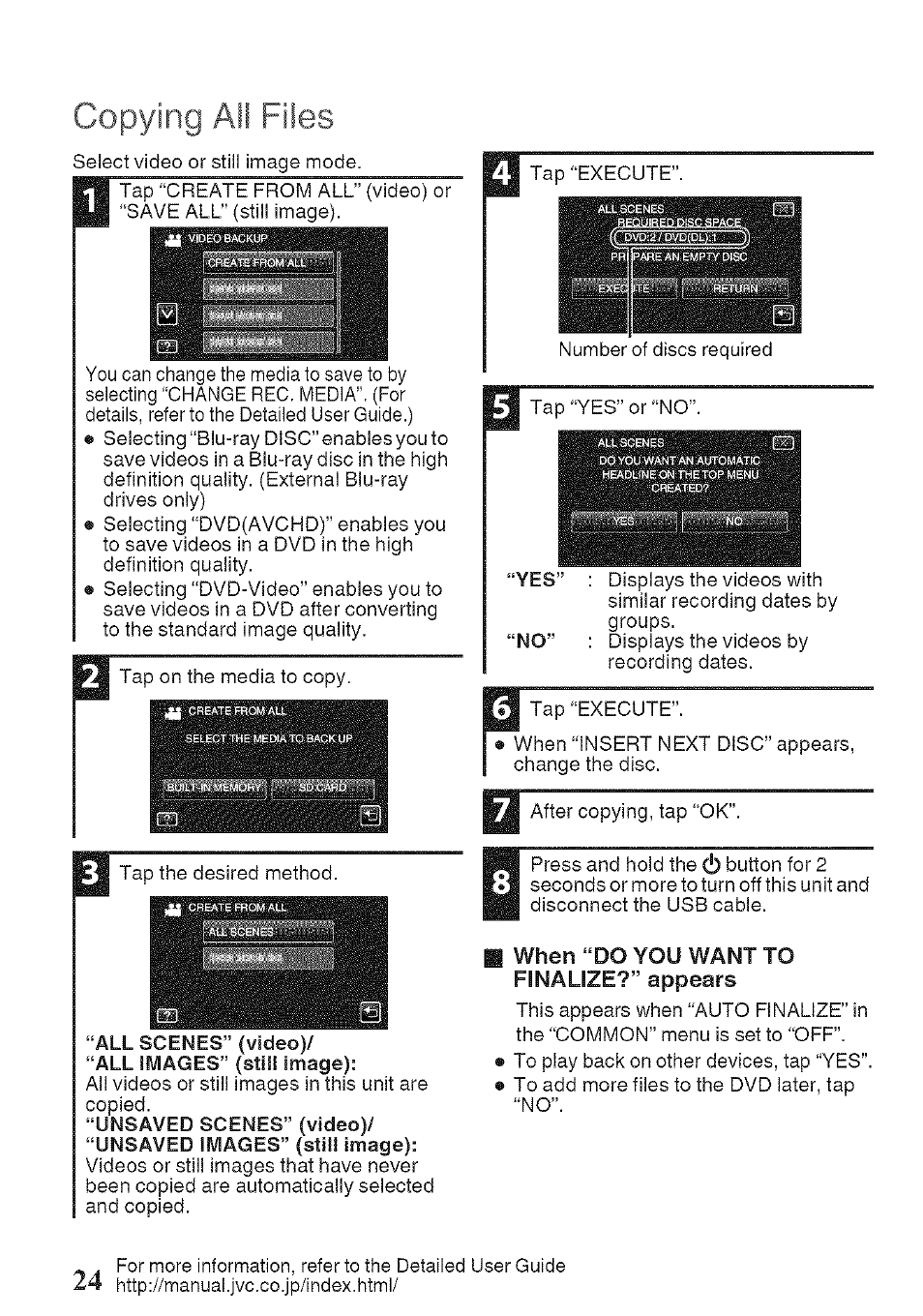 When “do you want to finalize?” appears, Copying all files | JVC GZ-HM960U User Manual | Page 24 / 40