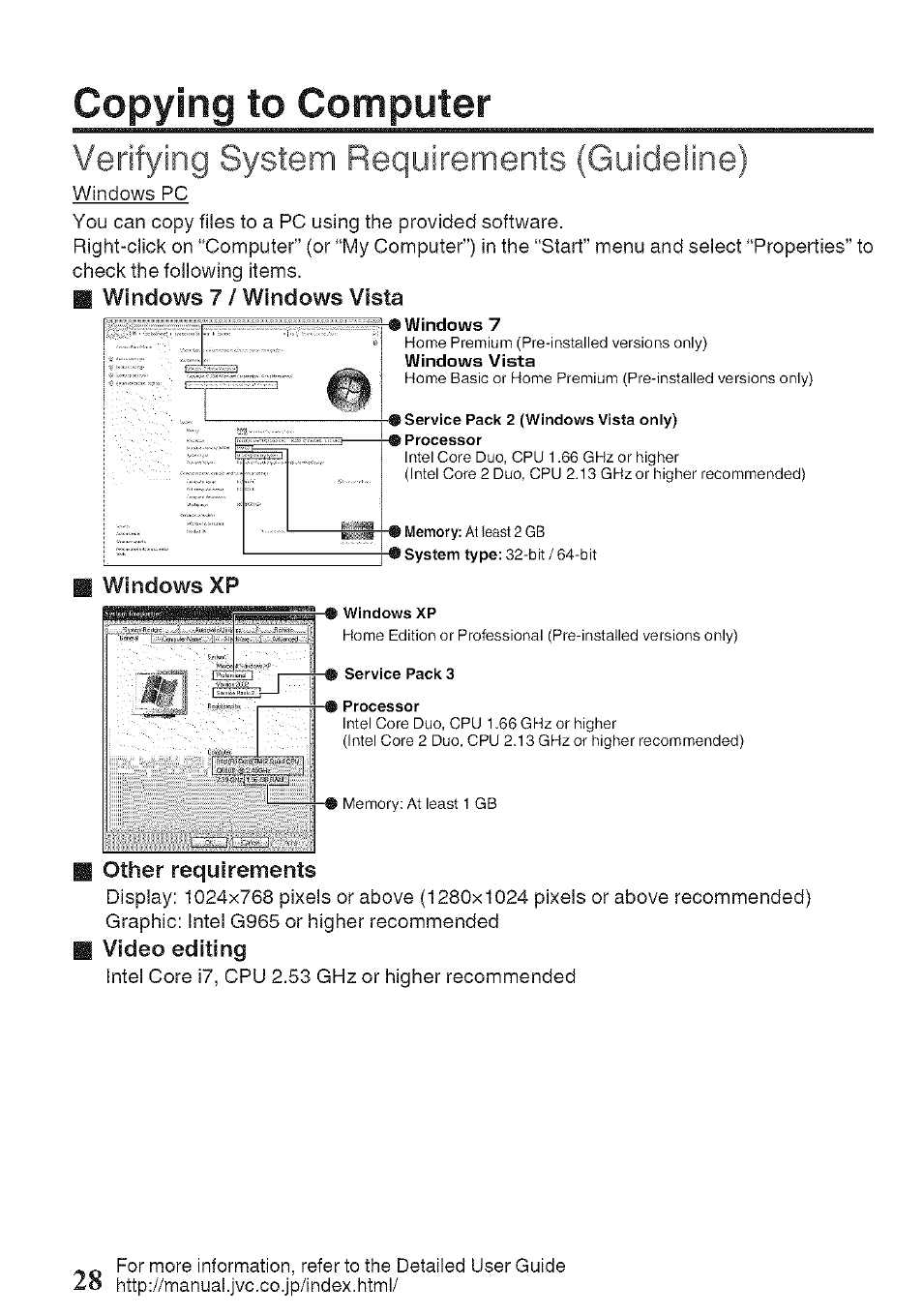 Copying to computer, Windows 7 / windows vista, Windows xp | Other requirements, Verifying system requirements (guideline) | JVC GZ-HM960U User Manual | Page 28 / 40