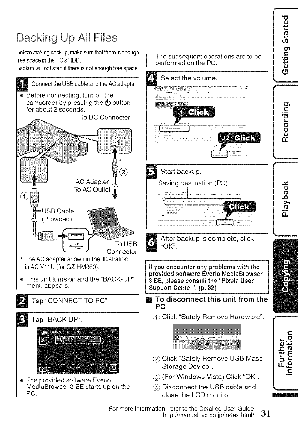 I to disconnect this unit from the pc, Backing up ail files, Click | I to disconnect this unit, The pc | JVC GZ-HM960U User Manual | Page 31 / 40