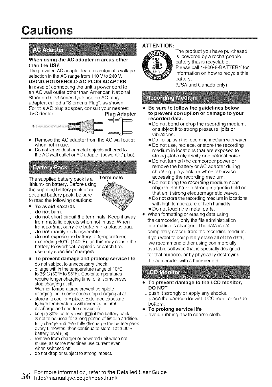 Cautions | JVC GZ-HM960U User Manual | Page 36 / 40