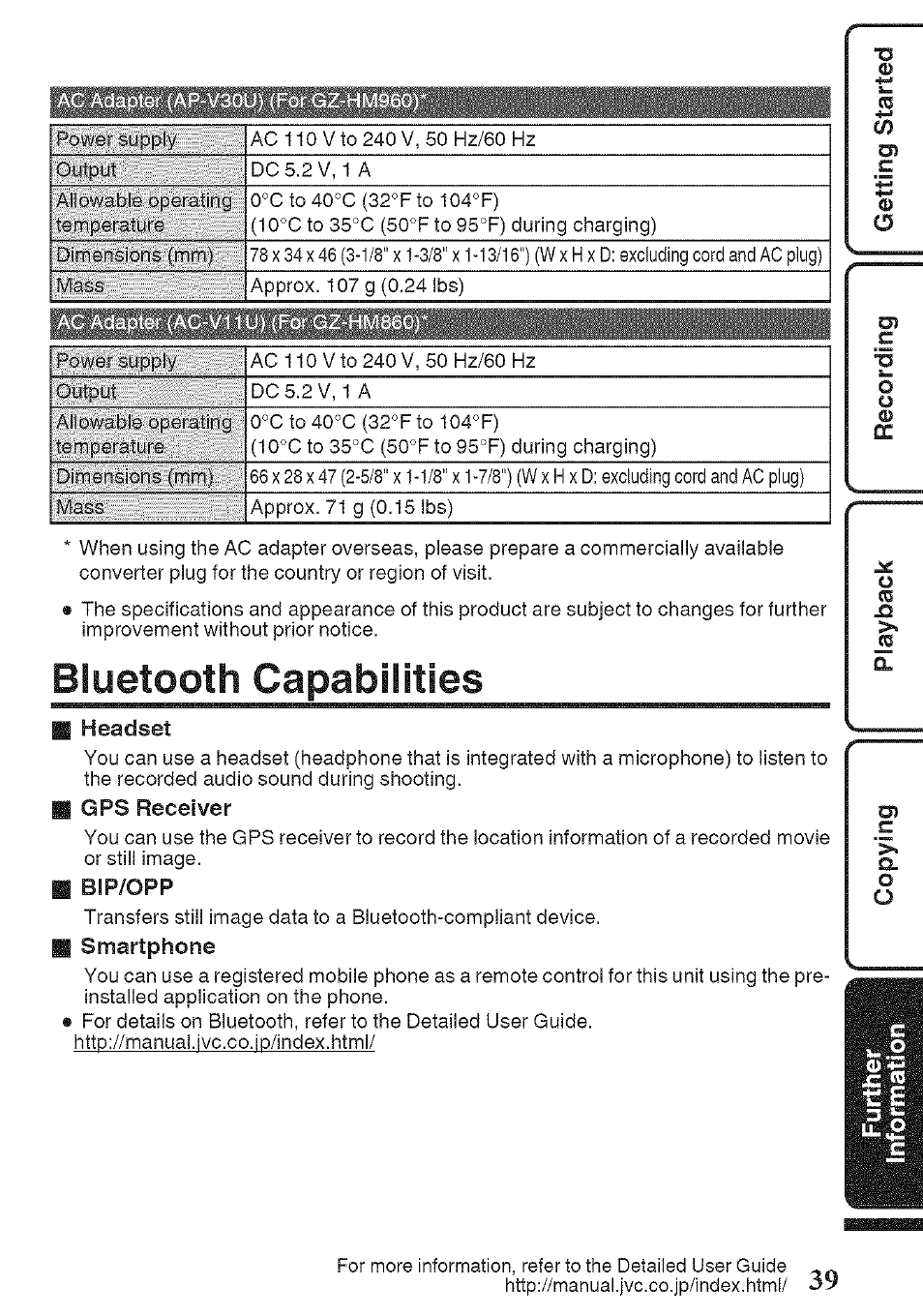 Headset, Gps receiver, Bip/opp | Smartphone, Bluetooth capabilities | JVC GZ-HM960U User Manual | Page 39 / 40