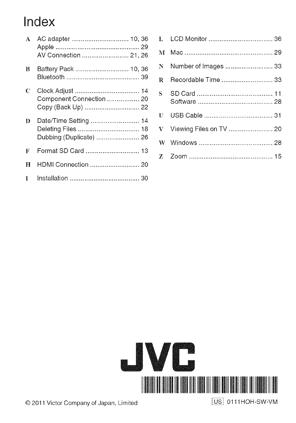 Index | JVC GZ-HM960U User Manual | Page 40 / 40