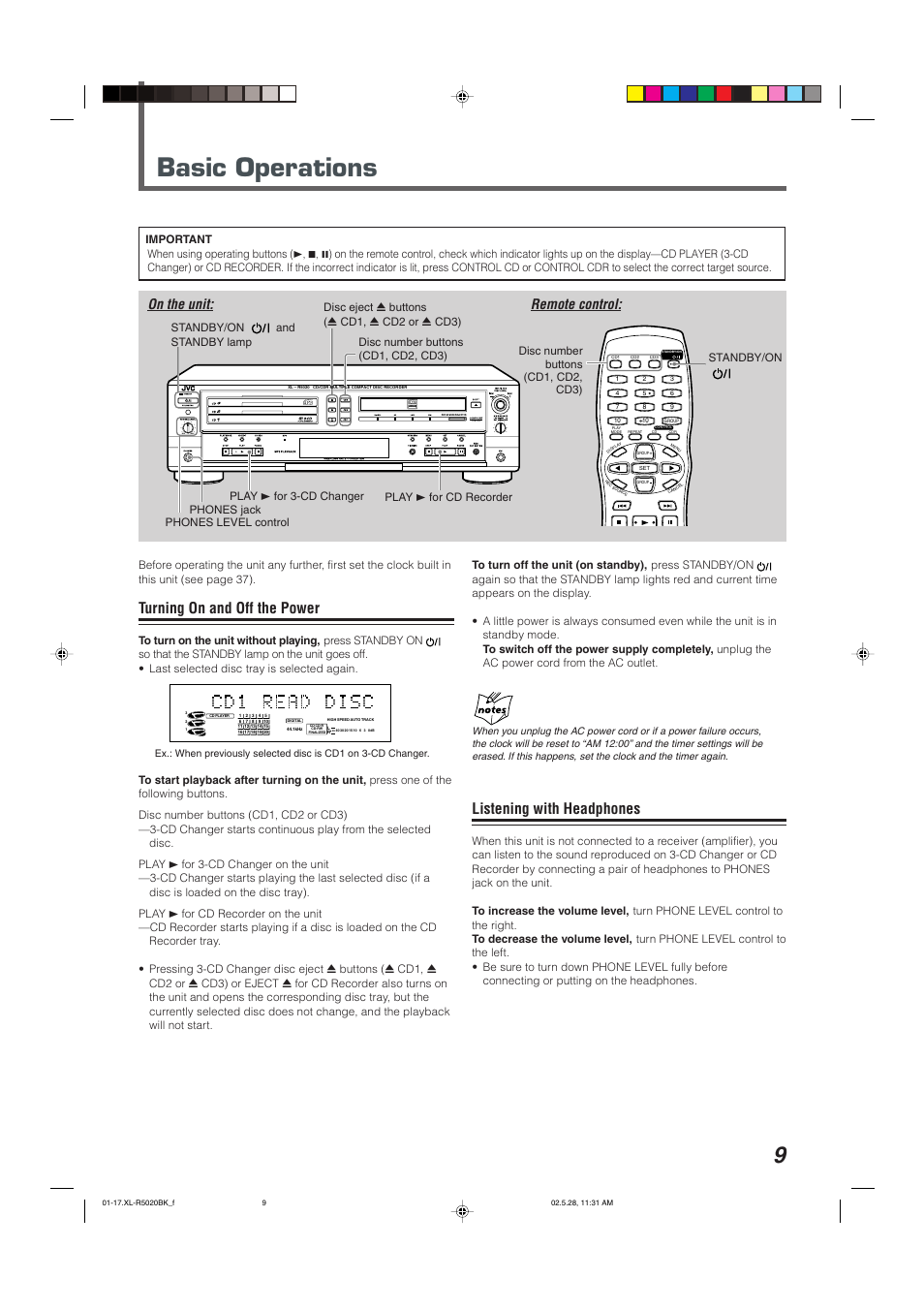 Basic operations, Turning on and off the power, Listening with headphones | Remote control | JVC XL-R5020BK User Manual | Page 11 / 50