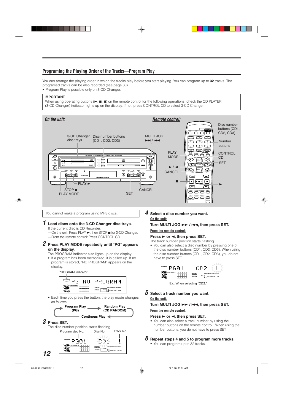 On the unit: remote control, Load discs onto the 3-cd changer disc trays, Press set | Select a disc number you want, Turn multi jog ¢ / 4 , then press set, Press 3 or 2 , then press set, Select a track number you want, Repeat steps 4 and 5 to program more tracks | JVC XL-R5020BK User Manual | Page 14 / 50