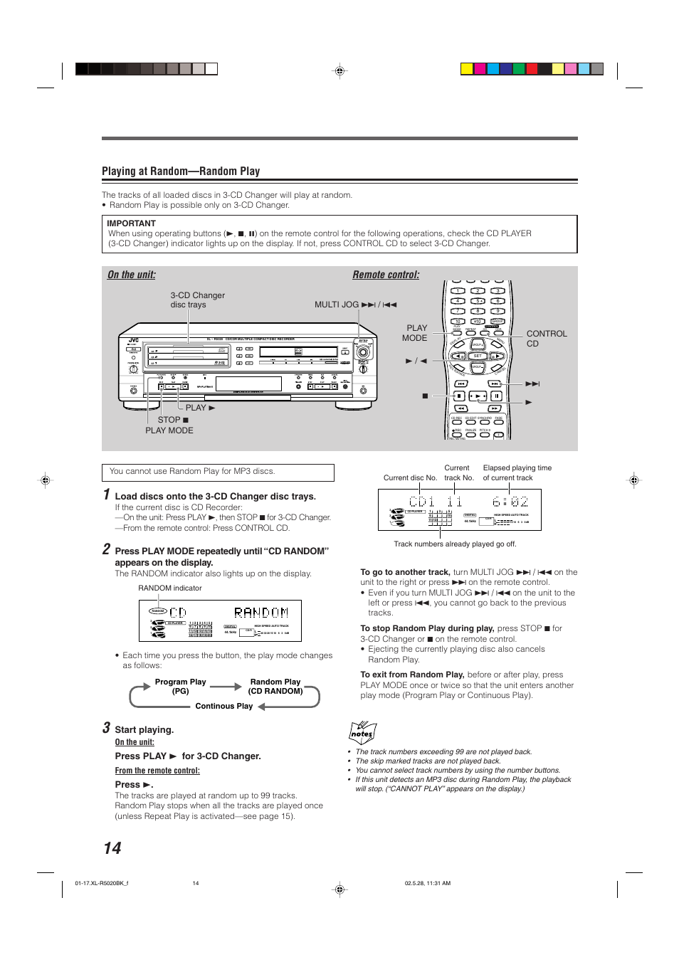 Playing at random—random play, On the unit: remote control, Load discs onto the 3-cd changer disc trays | Start playing, Press play 3 for 3-cd changer, Press 3, You cannot use random play for mp3 discs, On the unit, Control cd play mode 3-cd changer disc trays 3 | JVC XL-R5020BK User Manual | Page 16 / 50