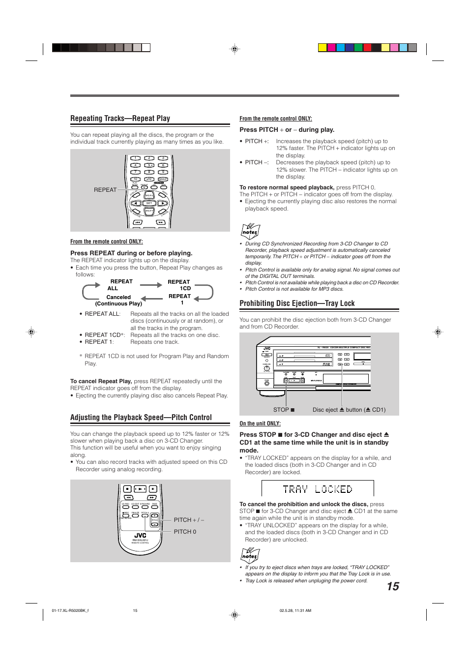 Repeating tracks—repeat play, Adjusting the playback speed—pitch control, Prohibiting disc ejection—tray lock | Min max compact digital audio, Press repeat during or before playing, Press pitch + or − during play | JVC XL-R5020BK User Manual | Page 17 / 50