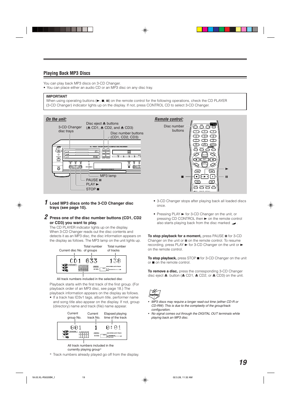 Playing back mp3 discs, On the unit: remote control | JVC XL-R5020BK User Manual | Page 21 / 50