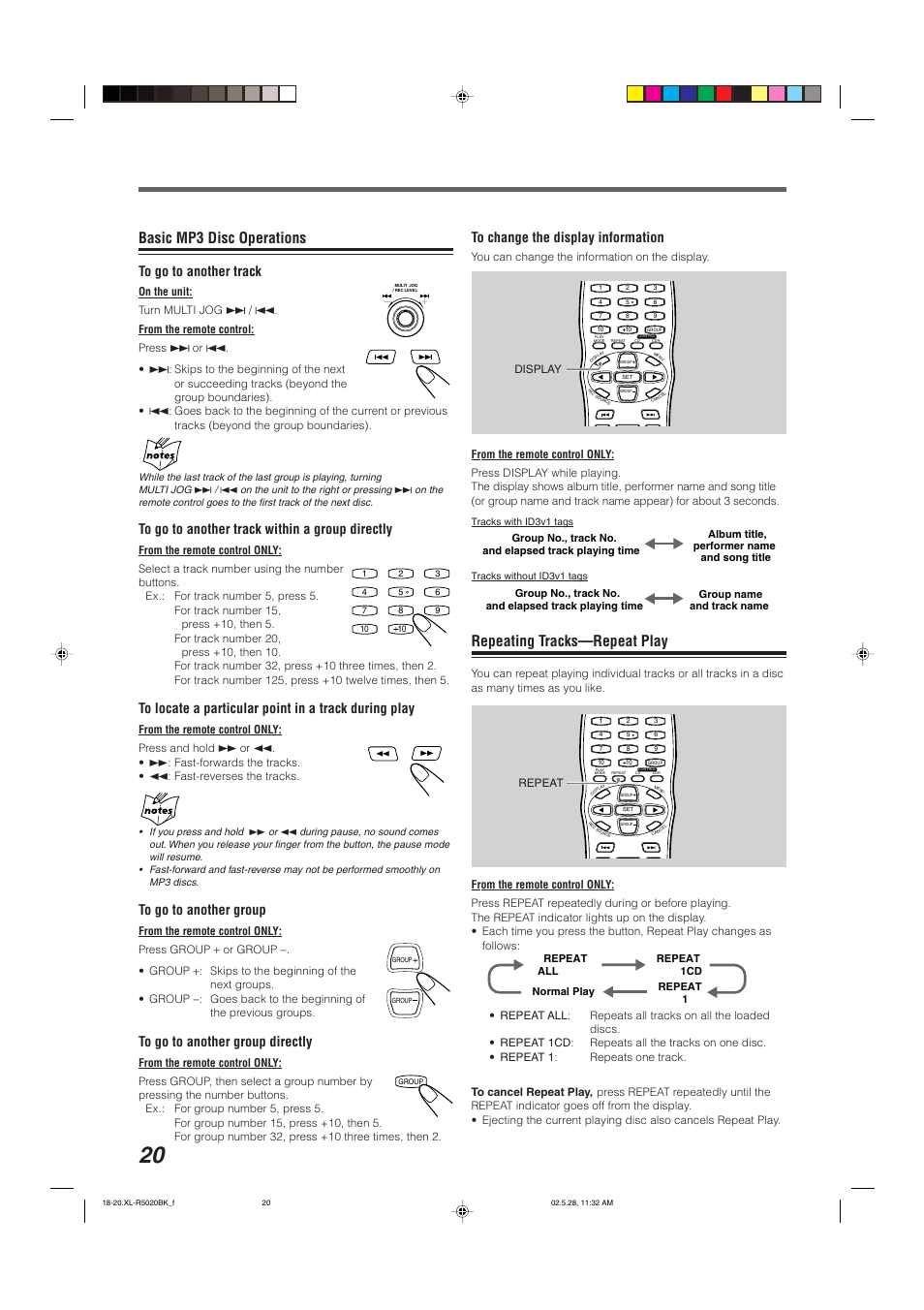 Basic mp3 disc operations, Repeating tracks—repeat play | JVC XL-R5020BK User Manual | Page 22 / 50