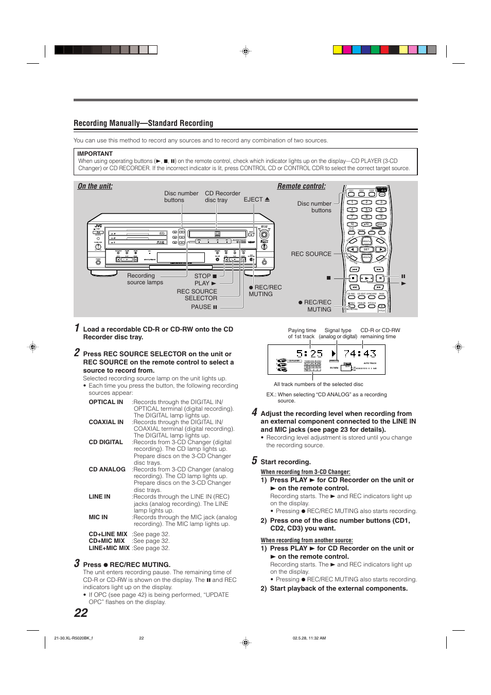 Recording manually—standard recording, On the unit: remote control, Press ¶ rec/rec muting | Start recording, 2) start playback of the external components | JVC XL-R5020BK User Manual | Page 24 / 50