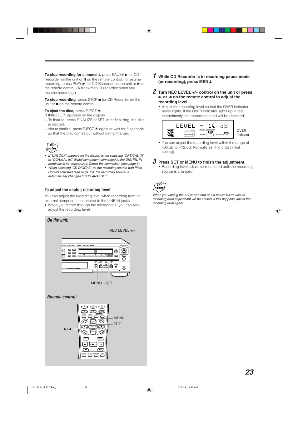 On the unit: remote control, Press set or menu to finish the adjustment | JVC XL-R5020BK User Manual | Page 25 / 50