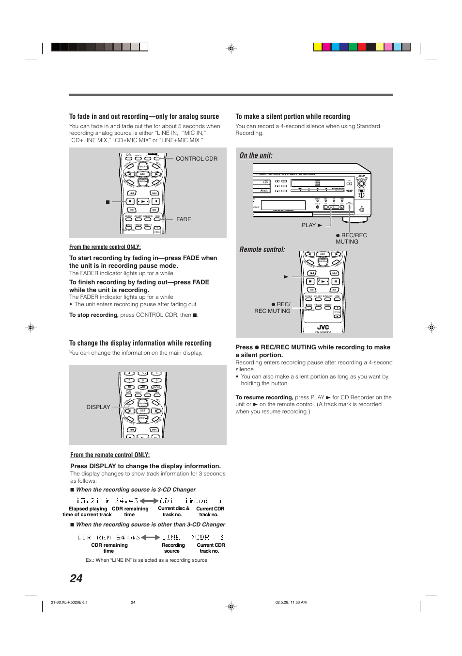 On the unit: remote control, When the recording source is 3-cd changer | JVC XL-R5020BK User Manual | Page 26 / 50