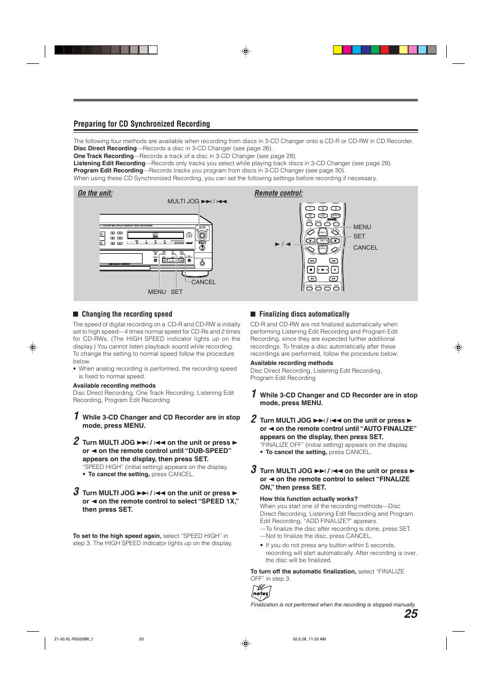 Preparing for cd synchronized recording, 77 changing the recording speed, 77 finalizing discs automatically | JVC XL-R5020BK User Manual | Page 27 / 50