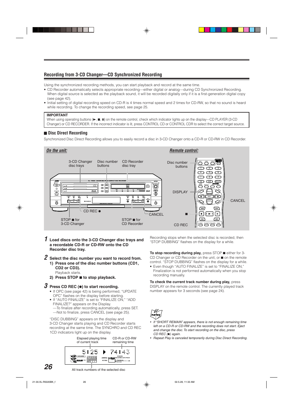 77 disc direct recording, On the unit, Remote control | 2) press stop 7 to stop playback, Press cd rec ( ¶ ) to start recording | JVC XL-R5020BK User Manual | Page 28 / 50