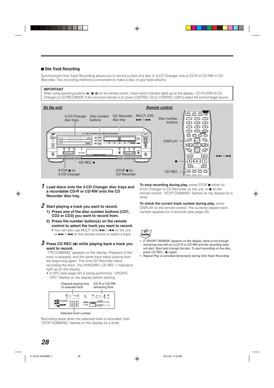 On the unit: remote control, 77 one track recording | JVC XL-R5020BK User Manual | Page 30 / 50