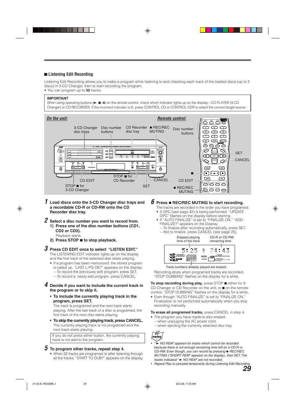 77 listening edit recording, On the unit: remote control, Press ¶ rec/rec muting to start recording | 2) press stop 7 to stop playback, Press cd edit once to select “listen edit | JVC XL-R5020BK User Manual | Page 31 / 50