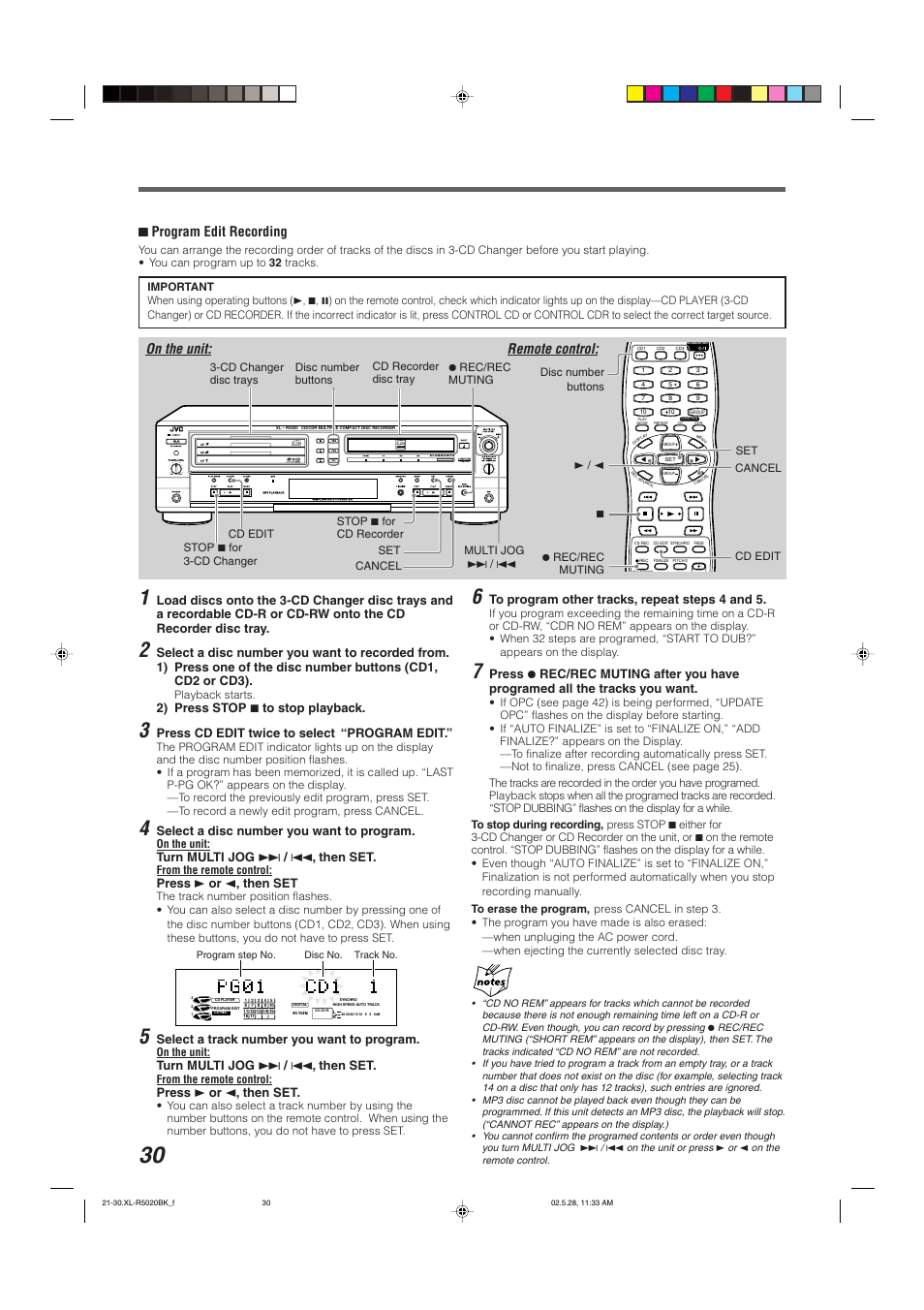 77 program edit recording, On the unit: remote control, 2) press stop 7 to stop playback | Press cd edit twice to select “program edit, Select a disc number you want to program, Turn multi jog ¢ / 4 , then set, Press 3 or 2 , then set, Select a track number you want to program | JVC XL-R5020BK User Manual | Page 32 / 50