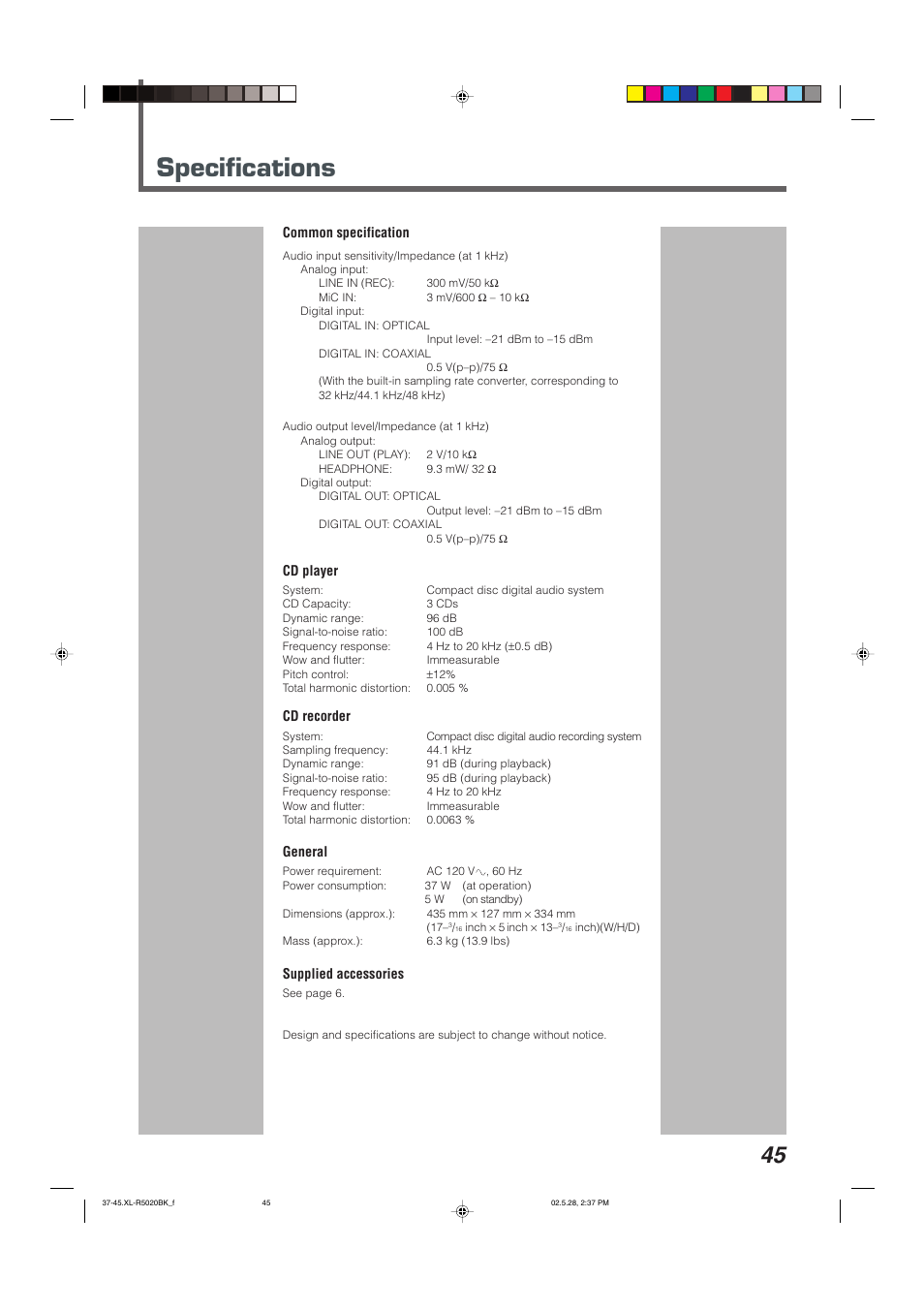 Specifications | JVC XL-R5020BK User Manual | Page 47 / 50